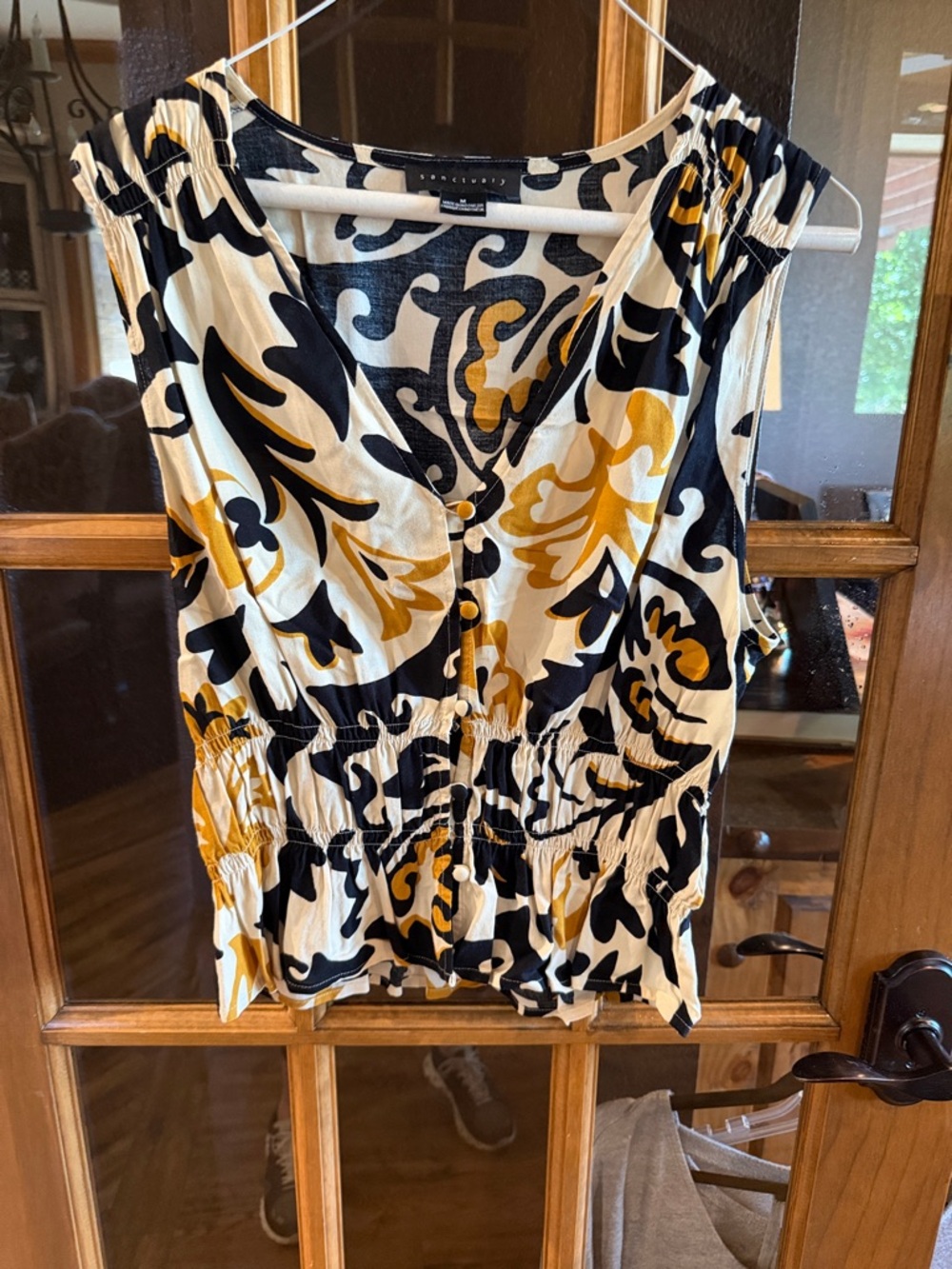 Sanctuary Black, Cream & Mustard Button-Front Smocked Waist Cami